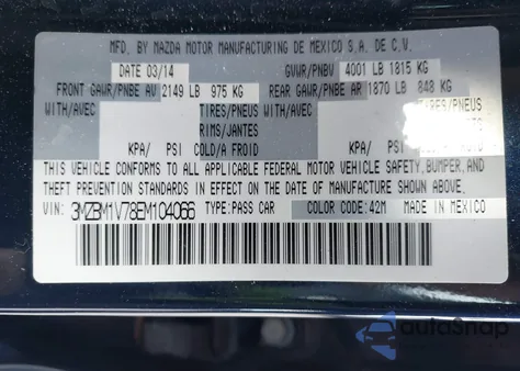 2014 Mazda Mazda3 I Touring из США, поврежденный, VIN 3MZBM1V78EM104066